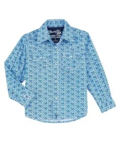 Wrangler Boys' 20X Advanced Comfort Blue Geo Print Snap Shirt