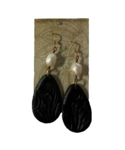 J. Forks Designs Women's Black Leather Pearl Earrings