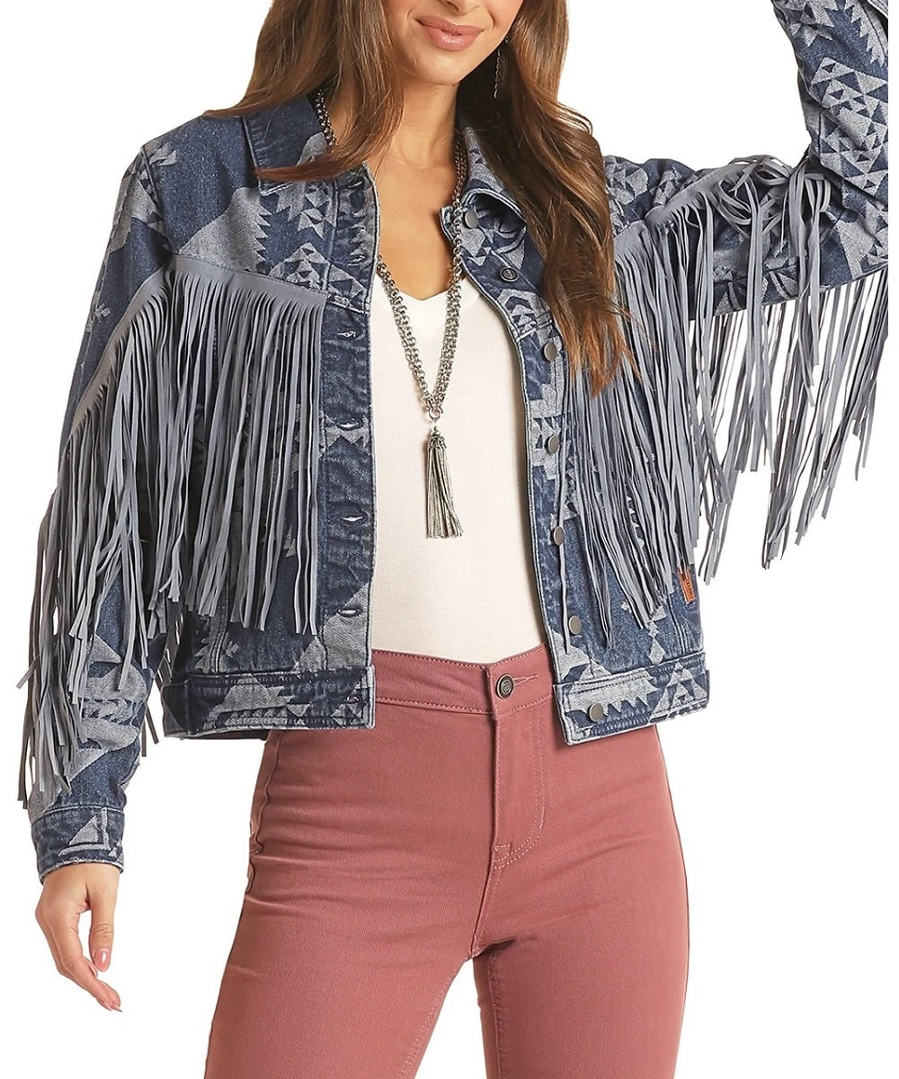 Rock & Roll Cowgirl Women's Aztec Fringe Denim Jacket 1 Rock & Roll Cowgirl Women's Aztec Fringe Denim Jacket