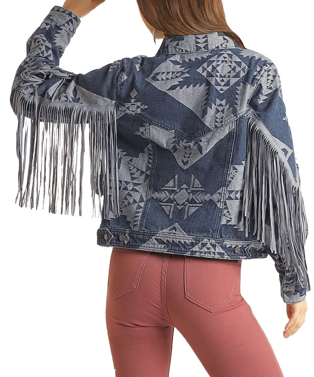 Rock & Roll Cowgirl Women's Aztec Fringe Denim Jacket 2 Rock & Roll Cowgirl Women's Aztec Fringe Denim Jacket - Image 2