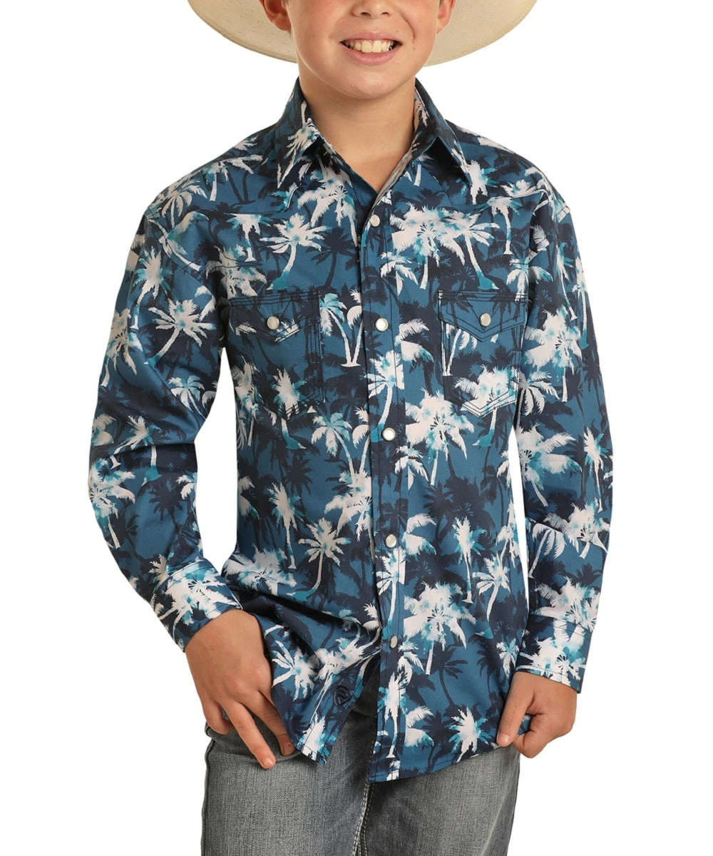 Rock & Roll Cowboy Boys' Blue Palm Print Snap Shirt 1 Rock & Roll Cowboy Boys' Blue Palm Print Snap Shirt