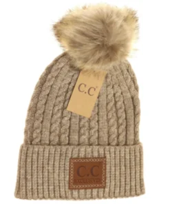 Ccbeanie Double Braided Knit Faux Fur Pom Beanie