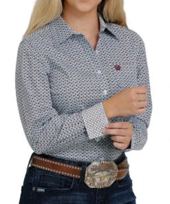 Cinch Women's Light Blue & Burgundy Button Down Shirt