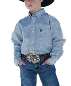Cinch Boys' Blue And White Print Button Down Shirt